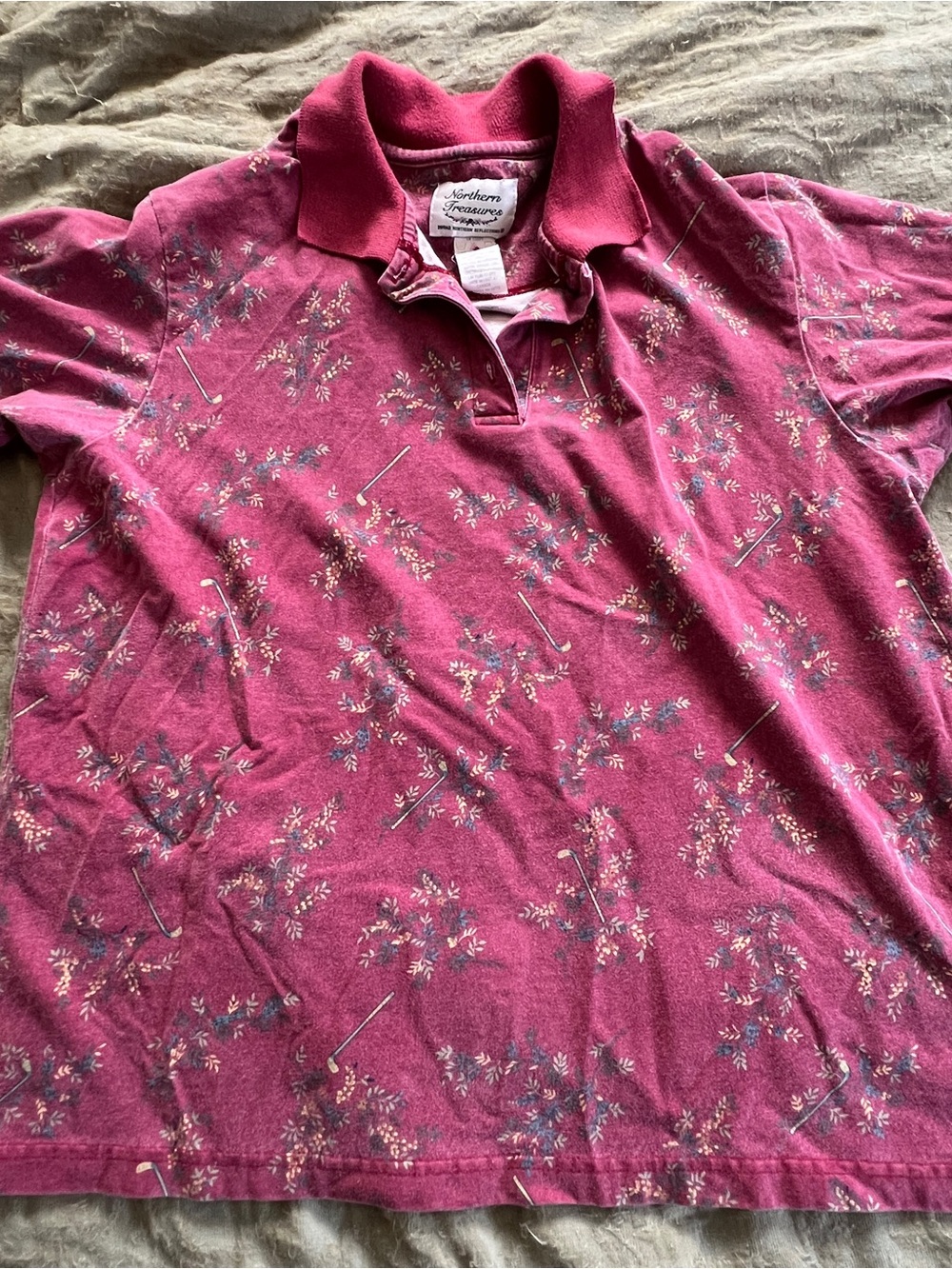 Vintage Women’s Cottagecore Preppy Golf Club Print Polo Short Sleeve Shirt Sz M